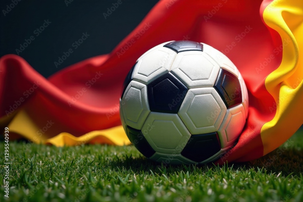 Naklejka premium Soccer ball surrounded by swirling German flag pattern, dynamic composition , pattern, vector, flag