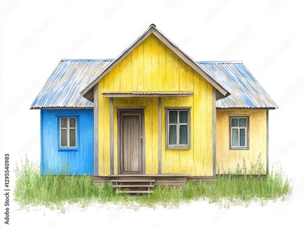 Charming small blue and yellow house with a picturesque roof in serene setting Charming small blue and yellow house with a picturesque roof in serene setting
