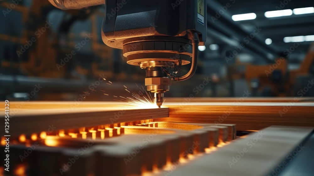 Automated industrial machine precision cutting wood with bright sparks Automated industrial machine precision cutting wood with bright sparks