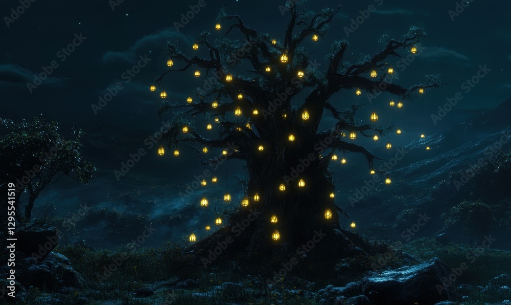 Fototapeta premium Glowing lanterns illuminate ancient tree in mystical night landscape
