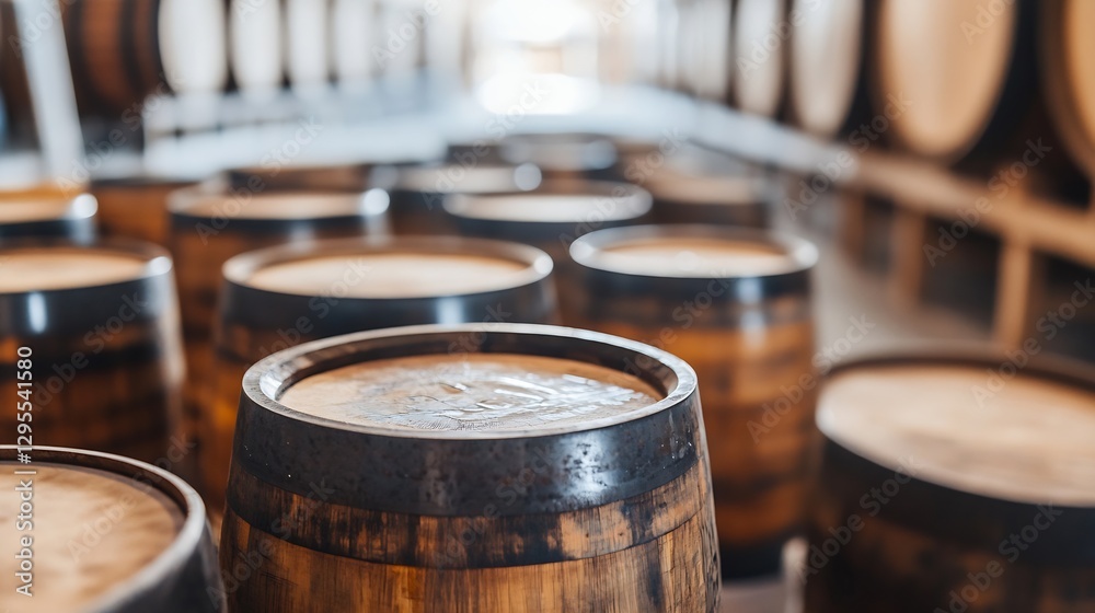 Rows of wooden barrels stacked in rustic storage for aging beverages : Generative AI Rows of wooden barrels stacked in rustic storage for aging beverages : Generative AI