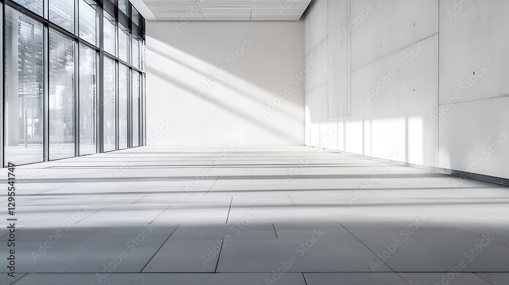 Modern indoor space featuring large glass windows and concrete walls illuminated by soft shadows : Generative AI Modern indoor space featuring large glass windows and concrete walls illuminated by soft shadows : Generative AI
