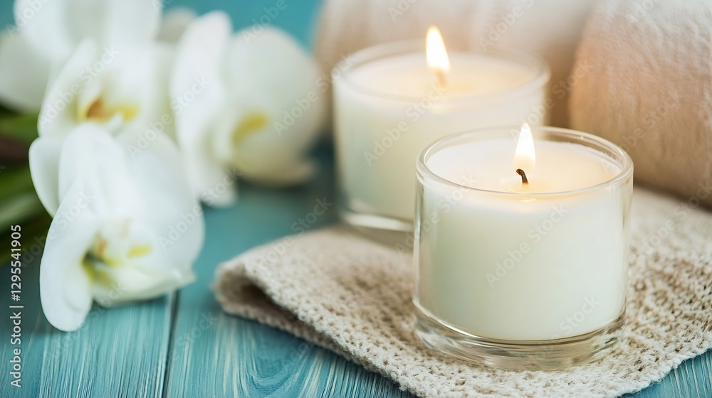 Beautiful White Candles on a Soft Background Surrounded by Delicate Flowers : Generative AI Beautiful White Candles on a Soft Background Surrounded by Delicate Flowers : Generative AI