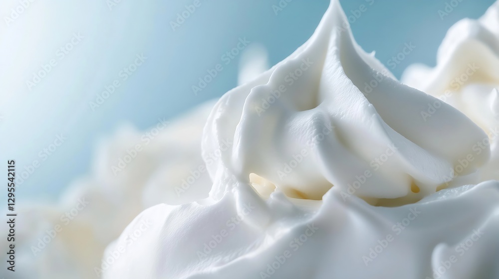 Close up view of fluffy whipped cream texture against a soft blue background for culinary uses : Generative AI