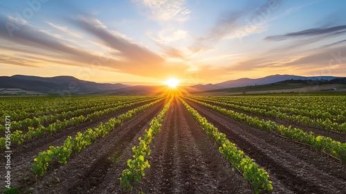 Picturesque vineyard landscape at sunset showcasing rows of grapevines bathed in warm golden light : Generative AI photo