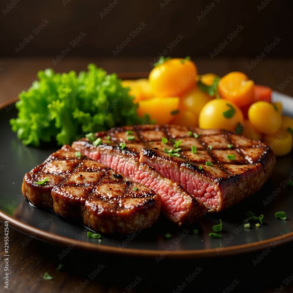 Sizzling grilled steak & colorful roasted medley, high resolution, food photography Sizzling grilled steak & colorful roasted medley, high resolution, food photography