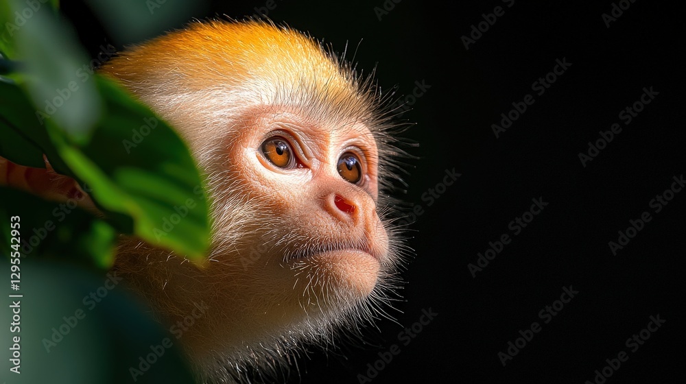A close up of a monkey hiding behind green foliage A close up of a monkey hiding behind green foliage