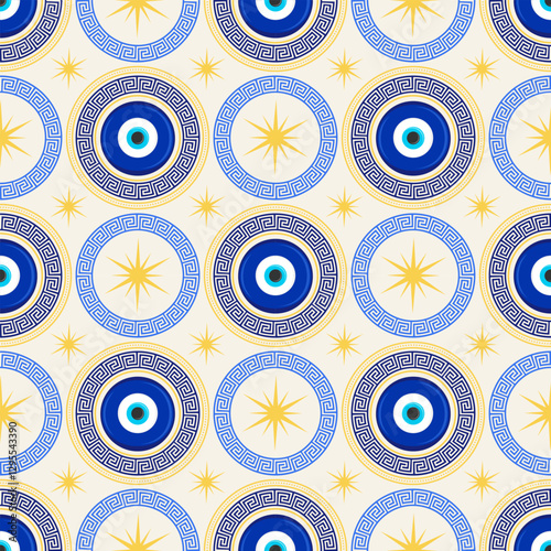 Evil eye seamless pattern. Turkish blue bead with meander. Greek vector magic background with ethnic nazar symbol of protection and luck. Traditional ornament with energy amulet and spiritual talisman
