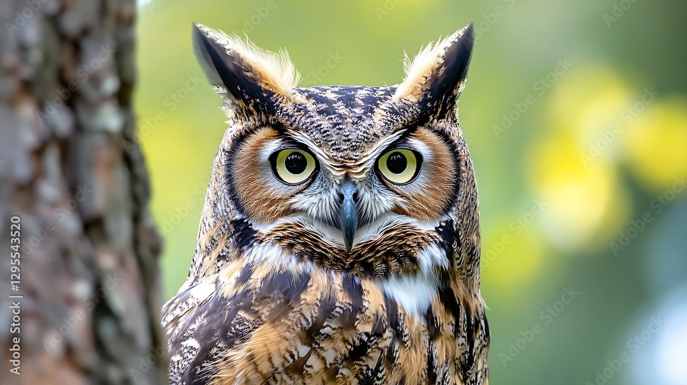 Fototapeta premium Closeup shot of a fierce looking owl perched on a tree with piercing eyes and intricate feather patterns : Generative AI