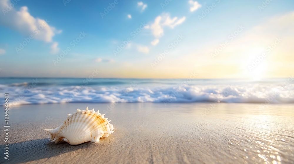 Beautiful Sea Shell on Sandy Beach with Waves and Vibrant Sky at Twilight : Generative AI Beautiful Sea Shell on Sandy Beach with Waves and Vibrant Sky at Twilight : Generative AI