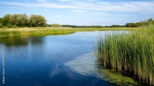 Tranquil Lakeside View with Lush Green Reeds and Clear Blue Sky Reflected in Still Water : Generative AI