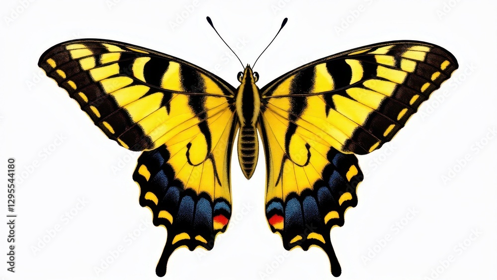 Obraz premium A western tiger swallowtail butterfly with vibrant yellow and black wings, featuring blue and red accents on the lower wings.