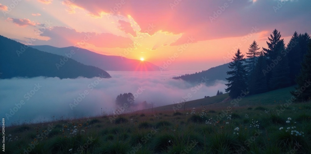 Fototapeta premium Softly glowing mist envelops a serene landscape at dusk, atmosphere, misty,