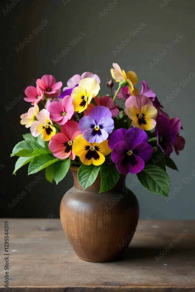 Forget me not and pansy bouquet in a rustic wooden vase, floral centerpiece, flower bouquet Forget me not and pansy bouquet in a rustic wooden vase, floral centerpiece, flower bouquet