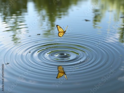  A Butterfly s Flight Above a Pond, Causing Subtle Ripples That Expand Over the Calm Water photo