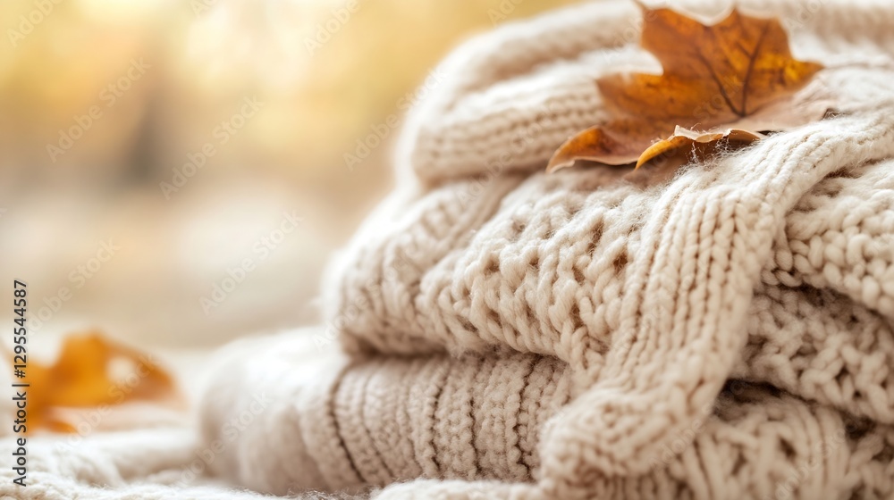 Stylishly Folded Cozy Sweaters with Leaves in Autumn Atmosphere : Generative AI Stylishly Folded Cozy Sweaters with Leaves in Autumn Atmosphere : Generative AI