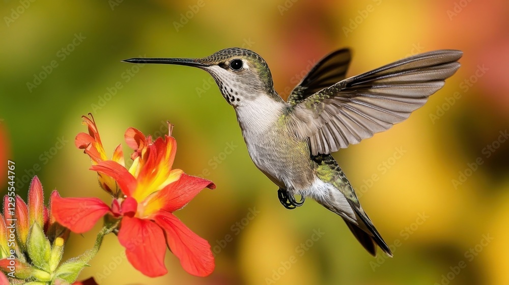 Fototapeta premium Hummingbird in flight near a vibrant orange flower with a colorful blurred background in natural light