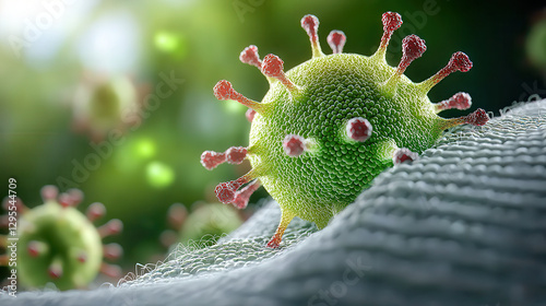Microscopic view of airborne virus particles settling on fabric, highlighting their structure and interaction with surfaces