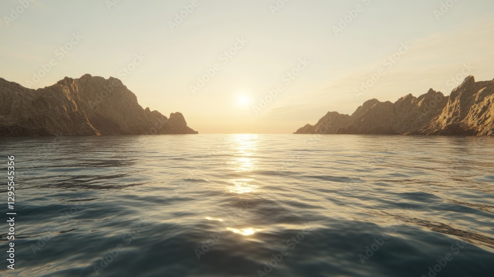 Calm ocean water reflecting the sunlight with rocky islands