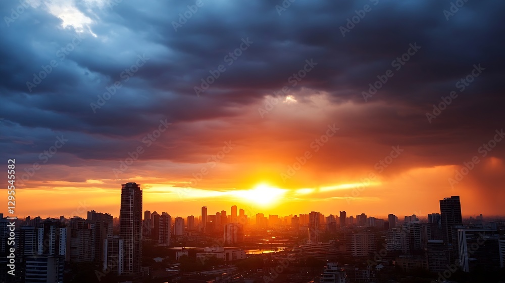 Fototapeta premium Dramatic Sunset Over Urban City Skyline with Silhouetted Buildings and Dark Clouds : Generative AI