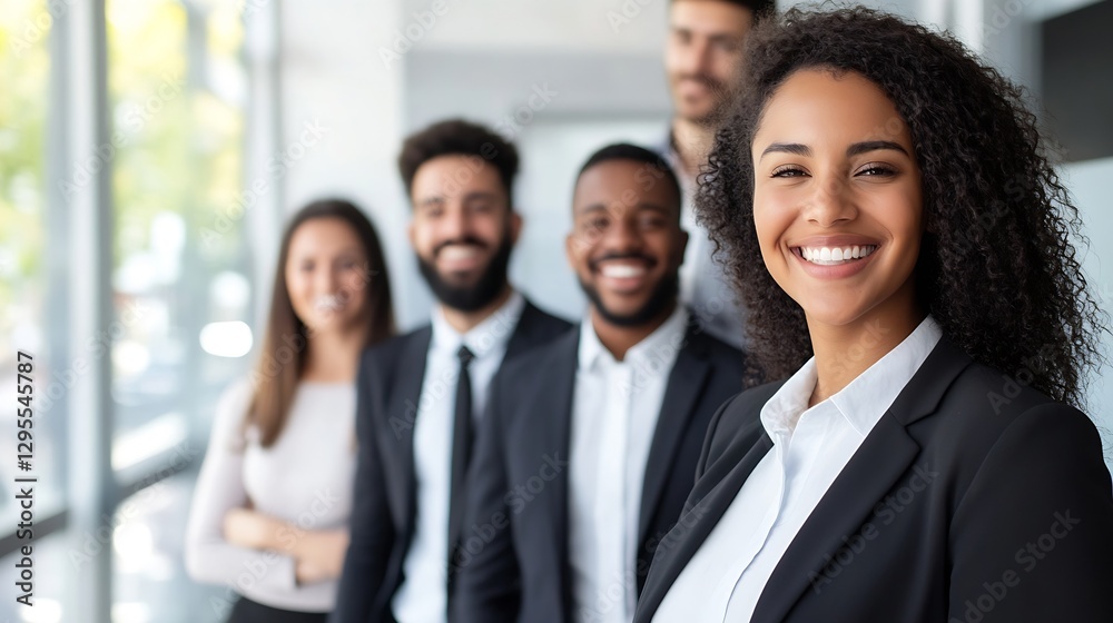 Diverse group of smiling business professionals standing in modern office environment : Generative AI Diverse group of smiling business professionals standing in modern office environment : Generative AI