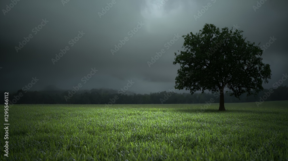 Solitary Tree in a Green Field Under a Dark Stormy Sky Solitary Tree in a Green Field Under a Dark Stormy Sky