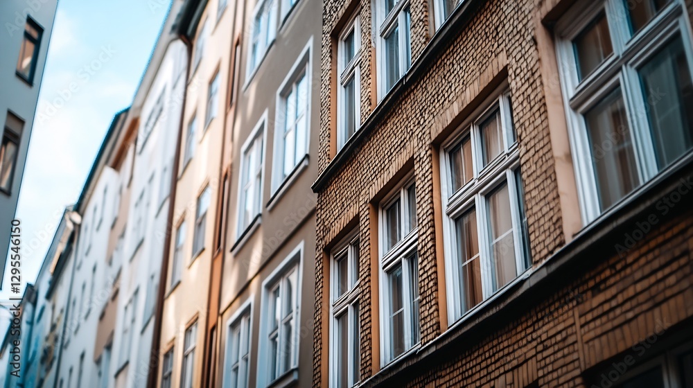 Naklejka premium Charming urban buildings bathed in sunlight highlighting textures and architectural details on a city street : Generative AI