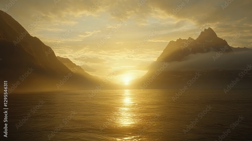 Naklejka premium Golden sunlight breaks through the clouds over mountainous waterscape