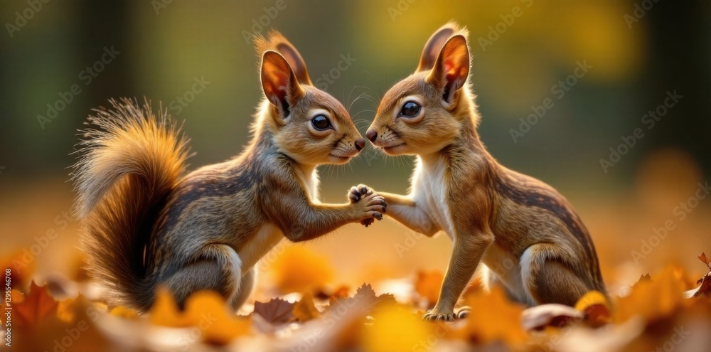 Squirrel and deer friends playing together in leaf pile, nature, friendship, park Squirrel and deer friends playing together in leaf pile, nature, friendship, park