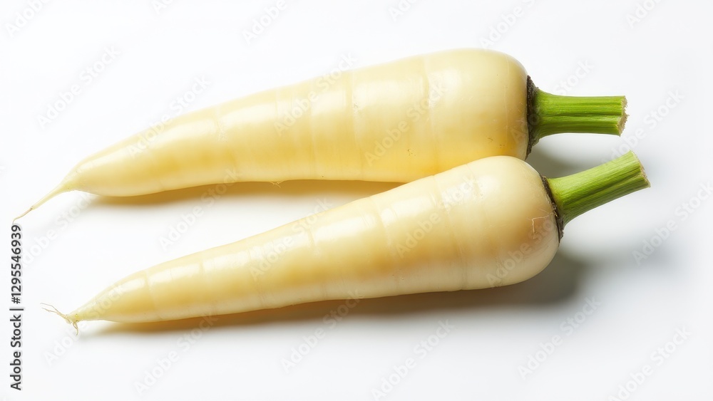 Two fresh white carrots with green tops on a white background. Two fresh white carrots with green tops on a white background.