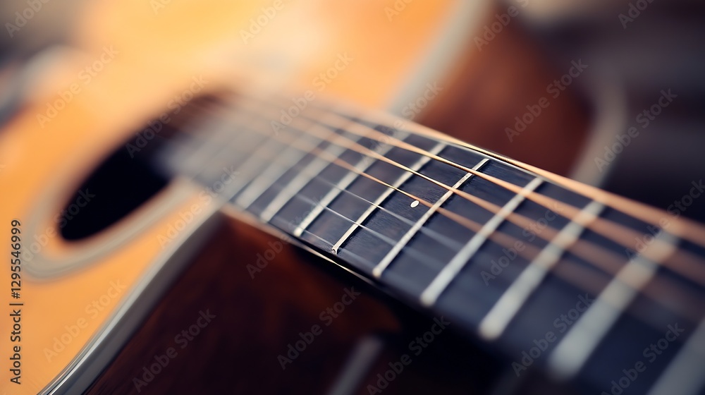 Fototapeta premium Close up details of an acoustic guitar focusing on strings and wood craftsmanship in soft light : Generative AI