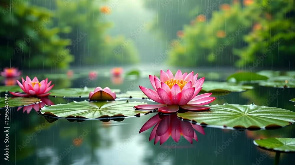 serene pond with blooming pink lotus flowers and green lily pads in gentle rain, peaceful nature scenery with soft reflections on water, tranquil floral landscape in misty atmosphere