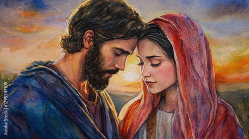 Watercolor painting of Jesus and Mary Magdalene, serene moment, sunset glow, soft colors, emotional connection, spiritual art