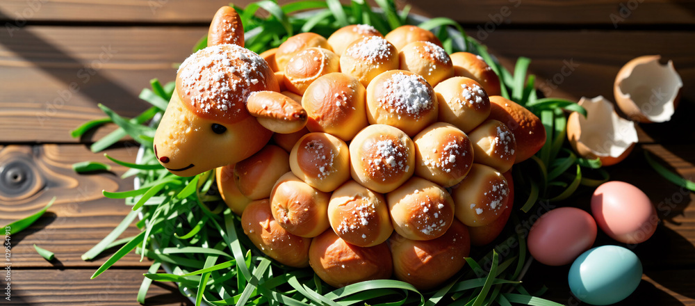 German Osterlamm cake, a lamb-shaped sponge dusted with sugar, resting on a bed of green edible grass, pastel Easter eggs cracked nearby