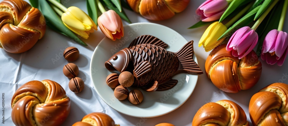 French Easter table, a chocolate fish with shimmering scales cracked open, spilling hazelnut pralines, surrounded by buttery brioche rolls, spring tulips