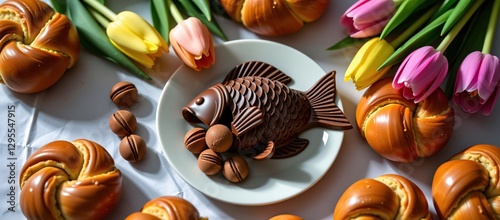 Obraz na płótnie French Easter table, a chocolate fish with shimmering scales cracked open, spilling hazelnut pralines, surrounded by buttery brioche rolls, spring tulips w salonie