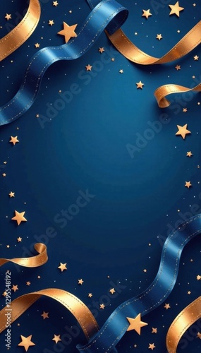 Swirl ribbons and stars adorn a dark blue background with golden accents , Christmas banner, winter wonderland, swirl ribbons