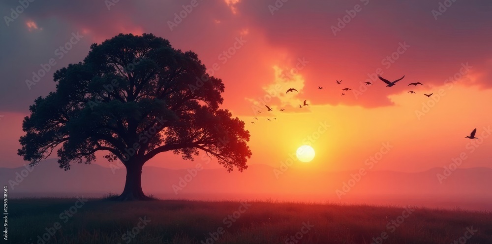 Sunrise silhouettes of birds flocking ancient oak, misty field, sky, wildlife photography