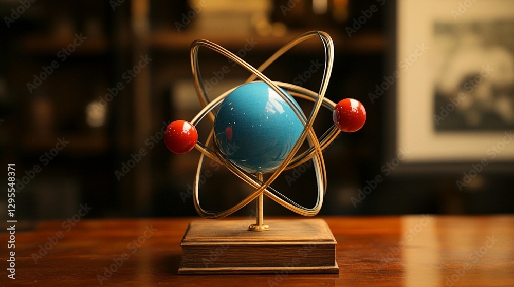 Atom model on wooden base, teal nucleus, red electrons, gold orbits. Atom model on wooden base, teal nucleus, red electrons, gold orbits.
