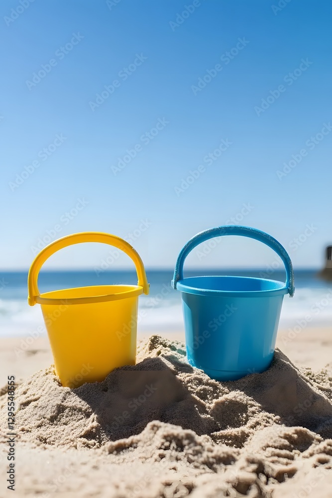 Beach Fun Yellow and Blue Sand Buckets on Sandy Shore Beach Fun Yellow and Blue Sand Buckets on Sandy Shore