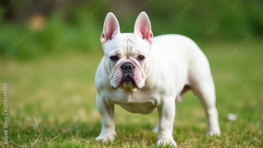 A white English bulldog standing on grass, looking directly at the camera. A white English bulldog standing on grass, looking directly at the camera.
