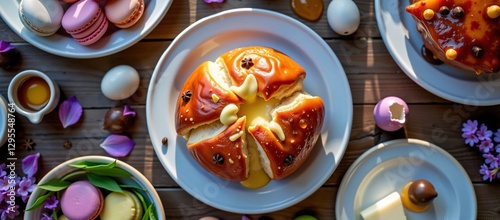 Wallpaper Mural Lavish Easter brunch on a rustic oak table, a golden hot cross bun split open with melting butter dripping, surrounded by pastel macarons and a honey-glazed ham glistening with clove studs Torontodigital.ca