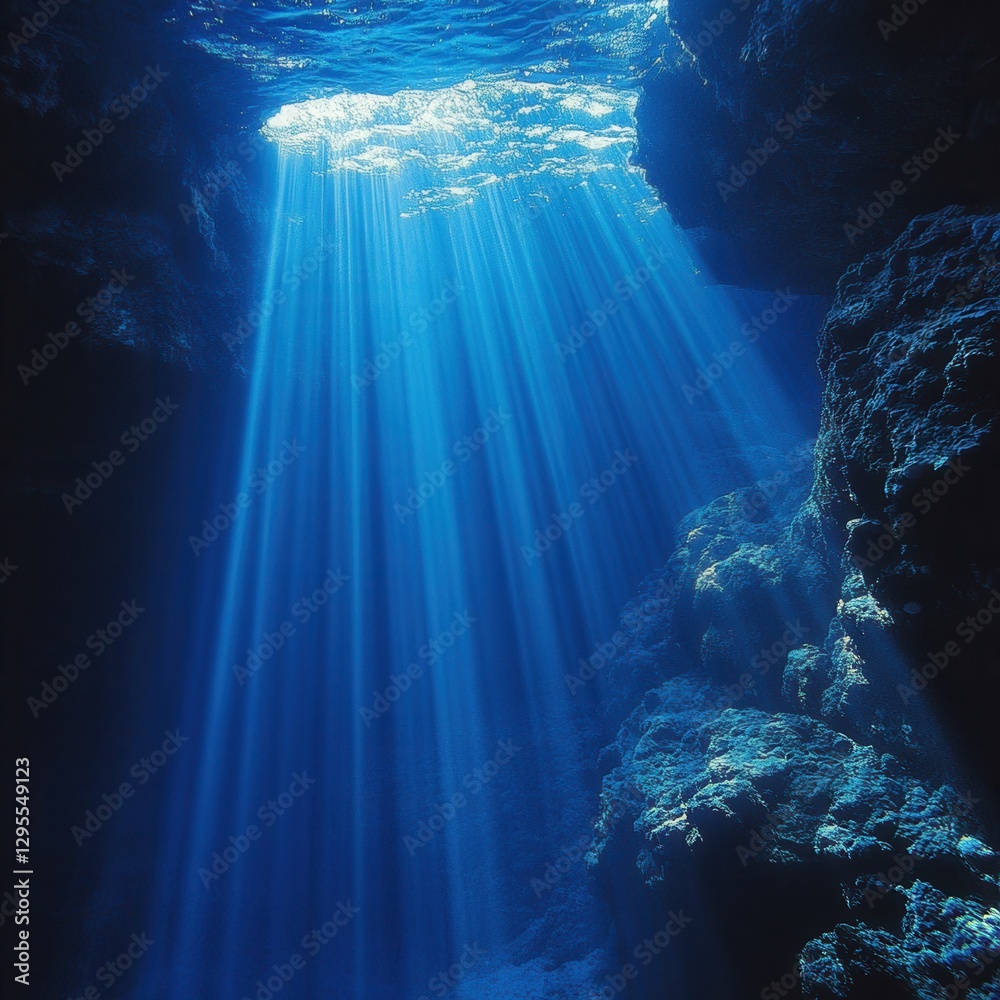 Obraz premium Ethereal underwater cave scene with sun rays piercing through the ocean surface creating a serene and magical atmosphere in the deep blue sea