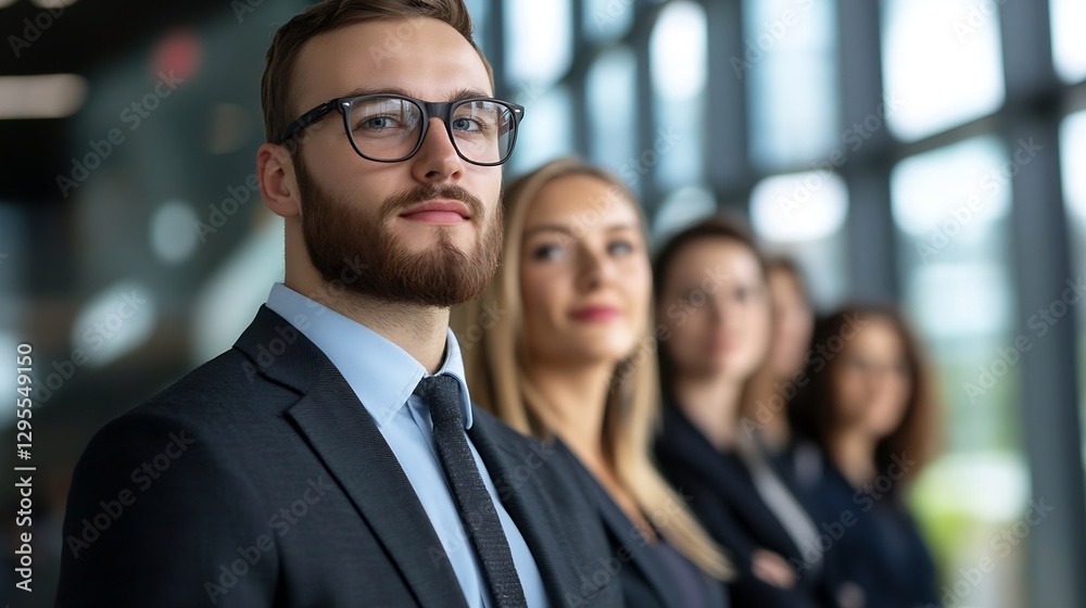 Confident professionals standing together with focus in a modern office environment : Generative AI Confident professionals standing together with focus in a modern office environment : Generative AI