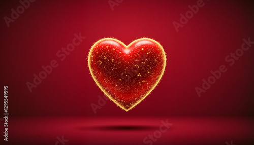Vibrant red heart with golden sparkles floating against a blurred deep red background, symbolizing love