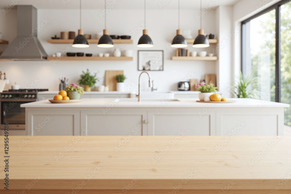 wooden table in front of a kitchen with a blurred background wooden table in front of a kitchen with a blurred background