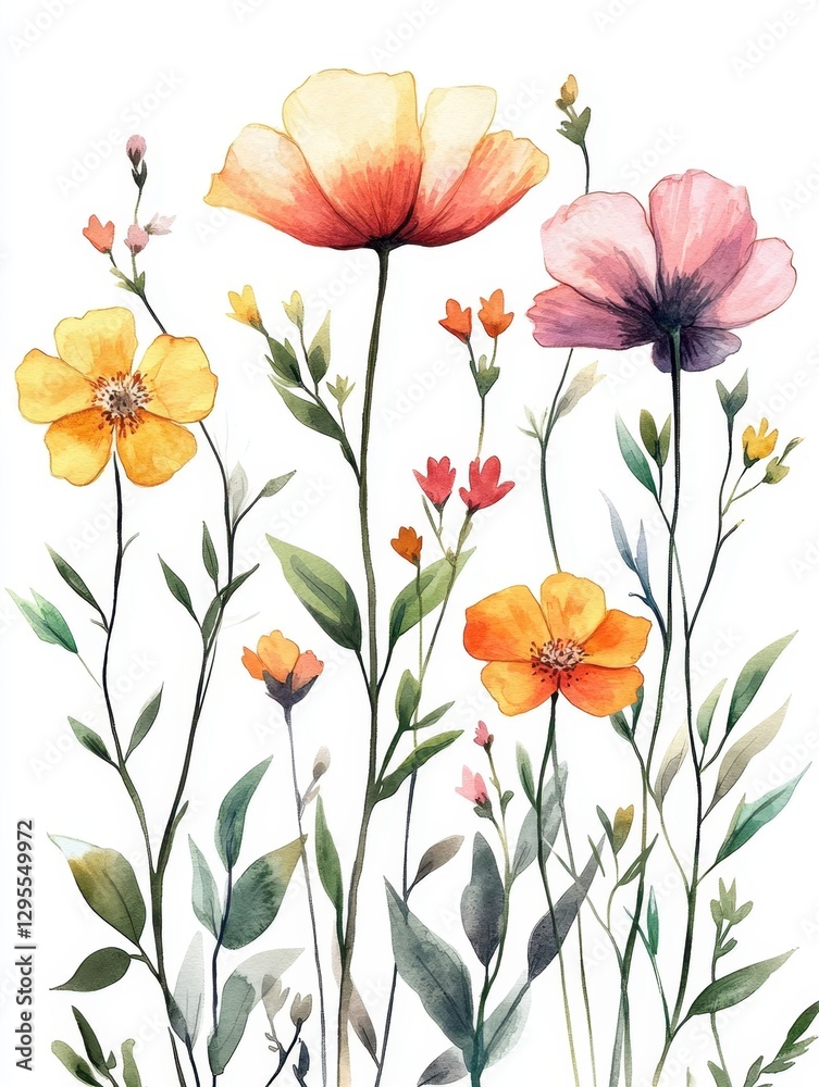 Fototapeta premium Watercolor floral arrangement on white backdrop vibrant petals and delicate leaves artistic botanical illustration soft light and airy composition