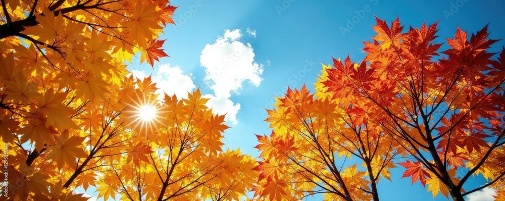 Golden hues of maple trees against a blue sky, tree colors, sky, maples Golden hues of maple trees against a blue sky, tree colors, sky, maples