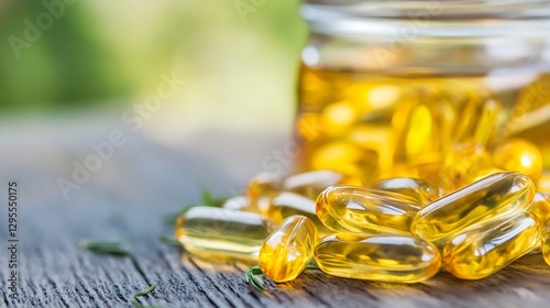 Close Up of Golden Omega Three Fish Oil Capsules with Nature Background : Generative AI