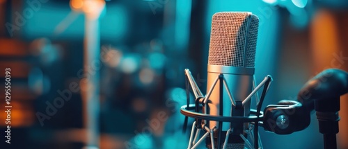 Studio microphone under vibrant teal and orange lighting capturing professional audio recording equipment for music production and broadcasting in a modern setting